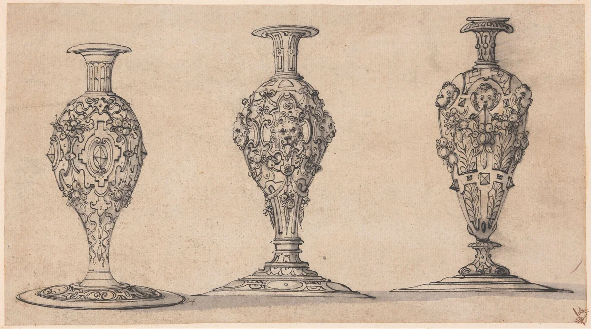 Ontwerp voor drie voeten van drinkschalen by Jost Amman, drawing, 1570-1585