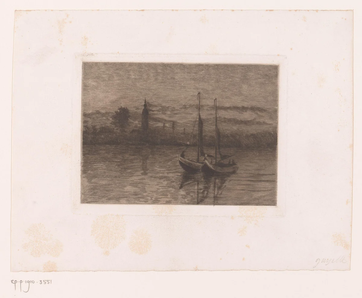 Twee zeilboten op een meer met een toren op de achtergrond by Jules Guiette, print, 1862-1901
