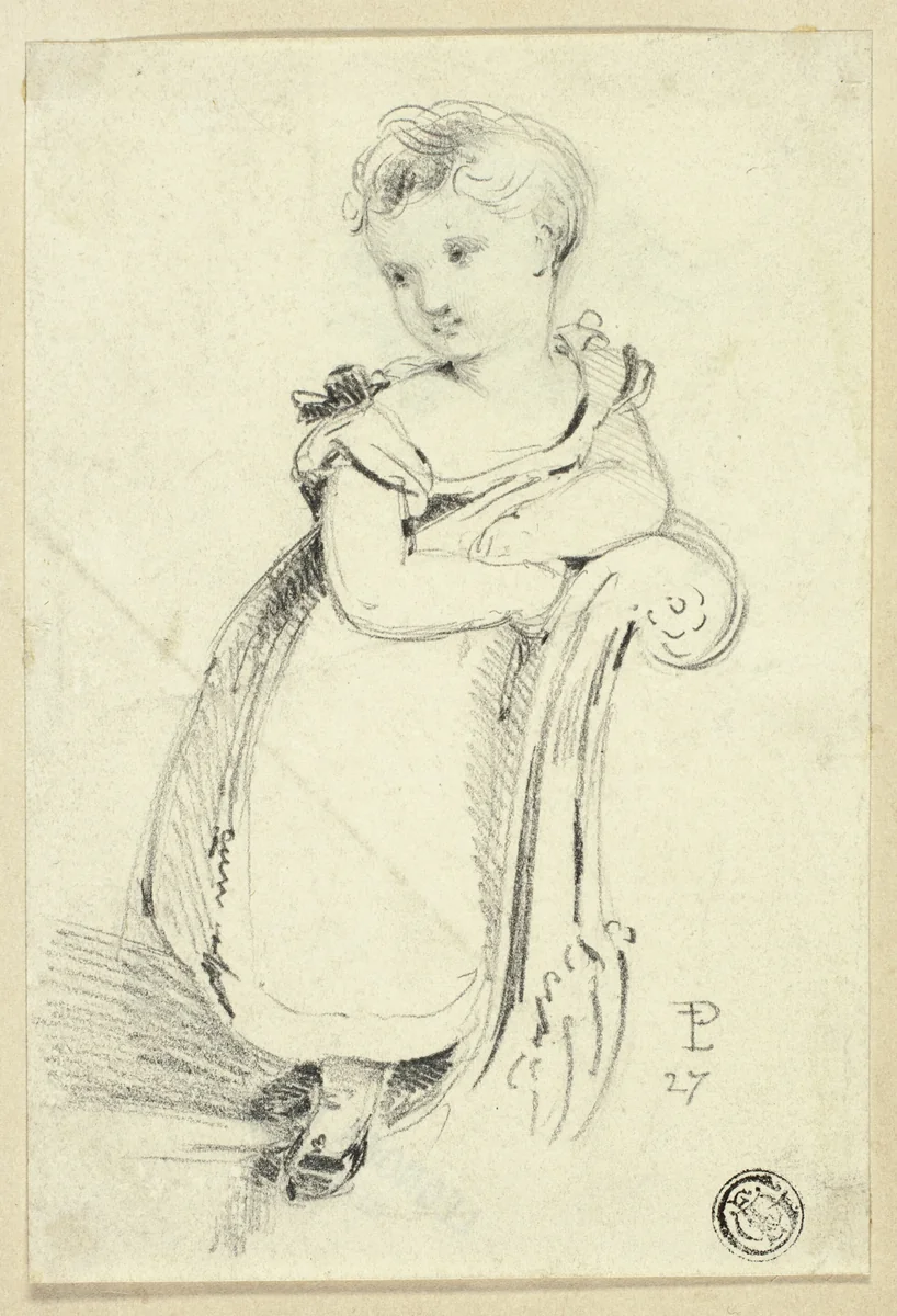 Little Girl Standing on Sofa (recto); Fragment: Back of a Woman's Head (verso) by Edmund Thomas Parris, drawing, 1822-1832