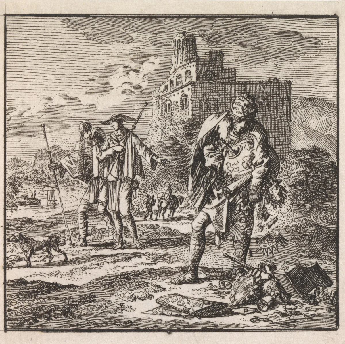 Man met de wereld in zijn armen laat kostbaarheden vallen by Jan Luyken, print, 1710