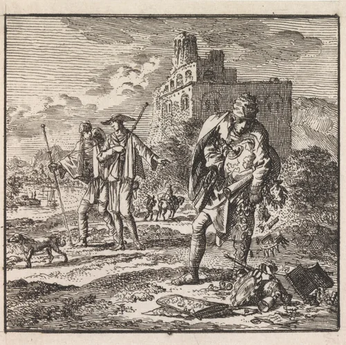 Man met de wereld in zijn armen laat kostbaarheden vallen by Jan Luyken, print, 1710
