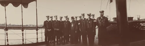 Group of Russian Naval Officers with a Priest on Boat Deck, Denmark by Unidentified Photographer, photograph, 1909