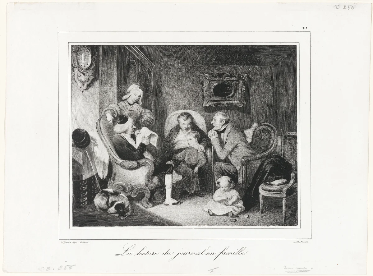 Reading the newspaper in the family circle by Honoré-Victorin Daumier, print, 1835