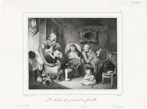Reading the newspaper in the family circle by Honoré-Victorin Daumier, print, 1835