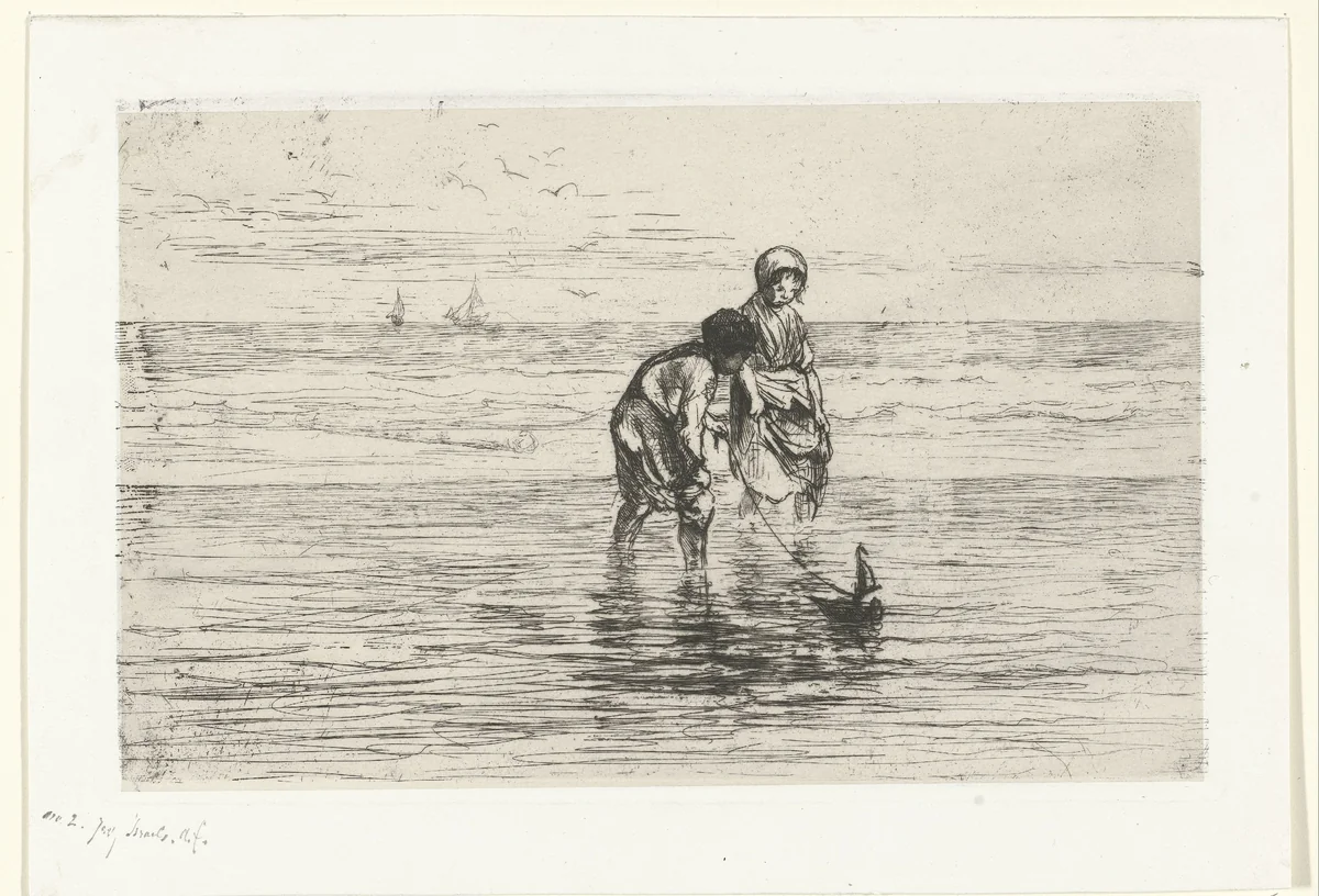 Kinderen spelend met een scheepje aan het strand by Jozef Israëls, print, 1834-1878