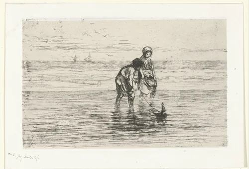 Kinderen spelend met een scheepje aan het strand by Jozef Israëls, print, 1834-1878