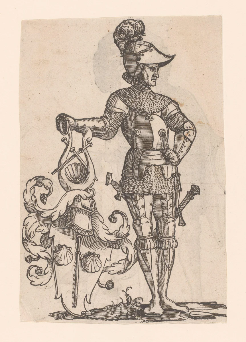 Ridder naast een wapenschild by Unknown, print, 1550