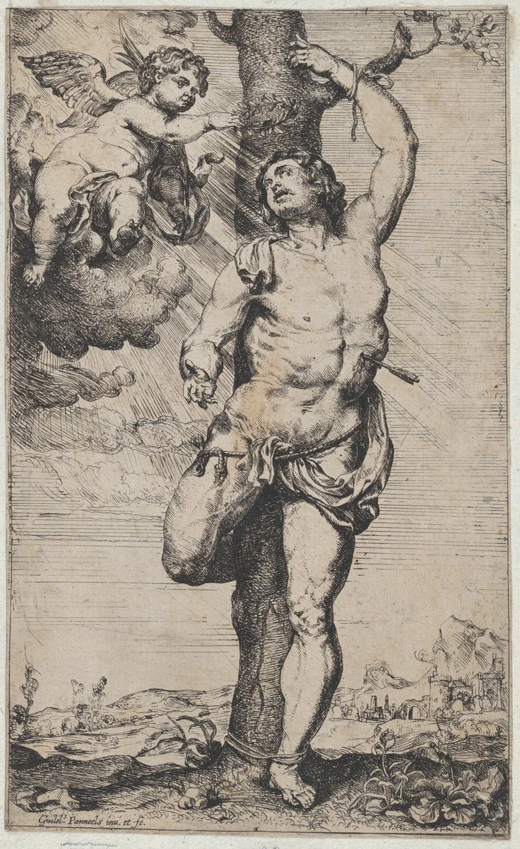 The Martyrdom of Saint Sebastian, with angels crowning him at upper left by Willem Panneels, print, 1615-1637