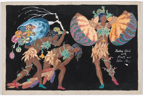 Indian Girls with Fruits and Water Jars. Costume design for the ballet Pocahontas by Karl Free, drawing, 1936