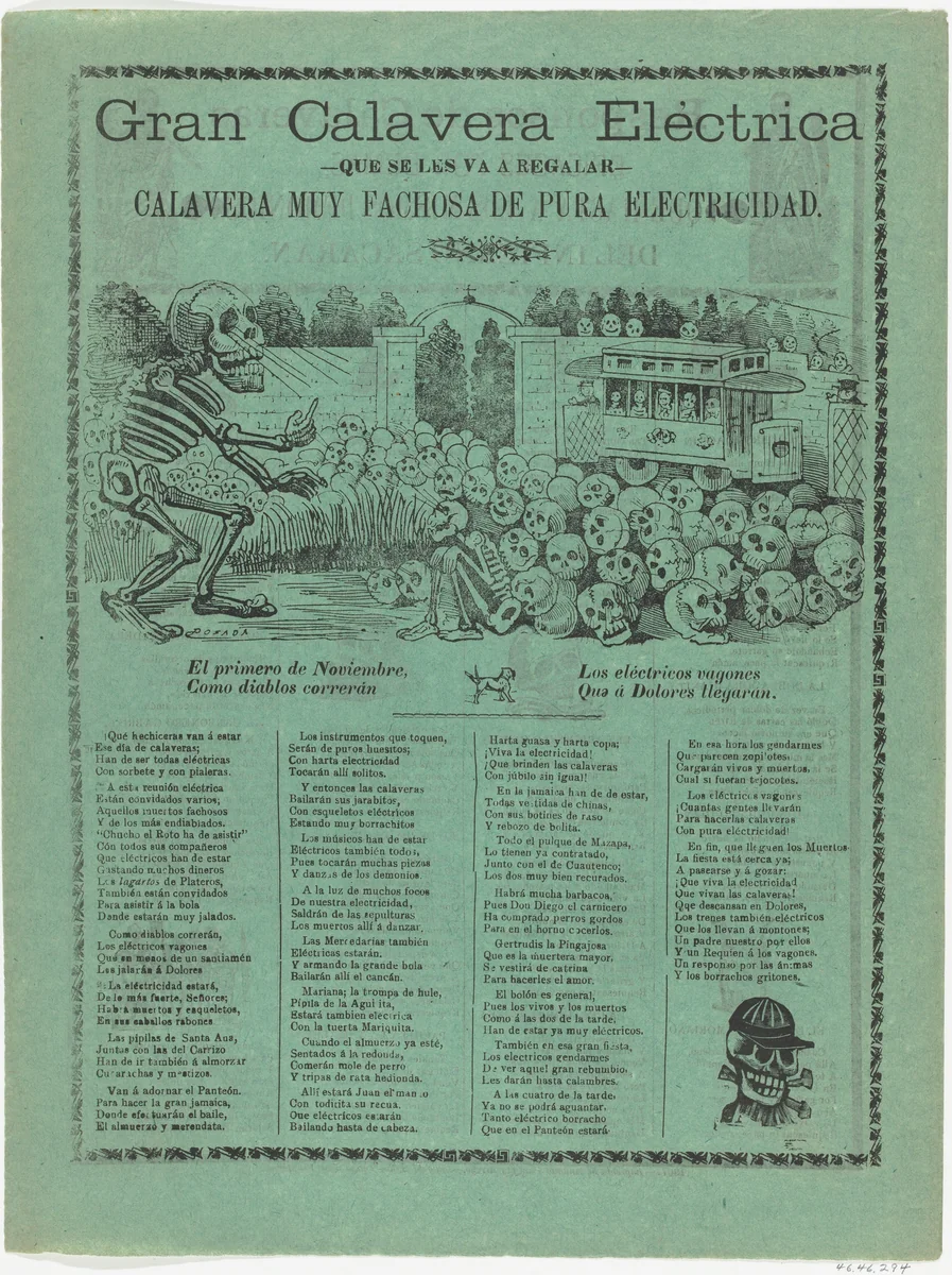 The grand electric skeleton, a large skeleton is hypnotizing a group of skulls and a sitting skeleton, an electric street car in the background by José Guadalupe Posada, print, 1900
