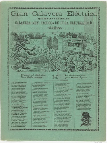 The grand electric skeleton, a large skeleton is hypnotizing a group of skulls and a sitting skeleton, an electric street car in the background by José Guadalupe Posada, print, 1900