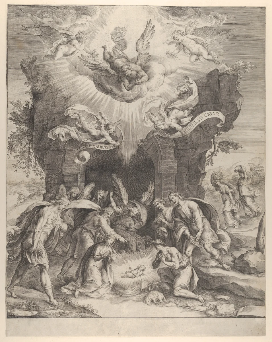 The Adoration of the Shepherds with the Christ Child at center and angels above by Cherubino Alberti, print, 1570-1600
