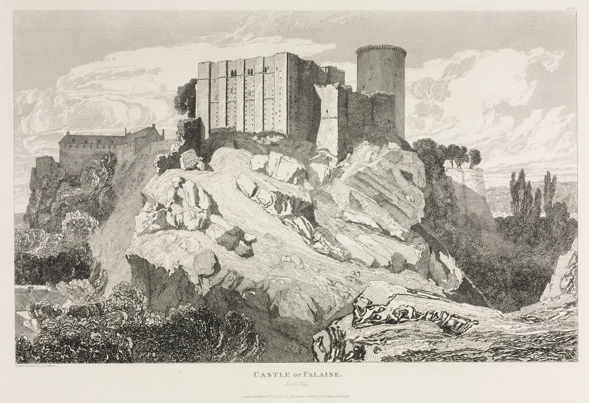 Architectural Antiquities of Normandy (Vol. II), Pl. 90: Castle of Falaise (North View) by John Sell Cotman, print, 1821-1822