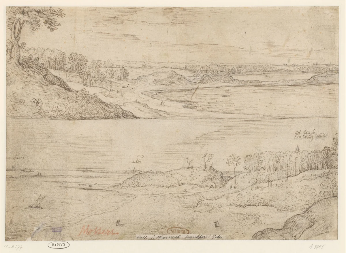 Twee gezichten op de Oosterschelde nabij Bergen op Zoom by Hans Bol, drawing, 1579