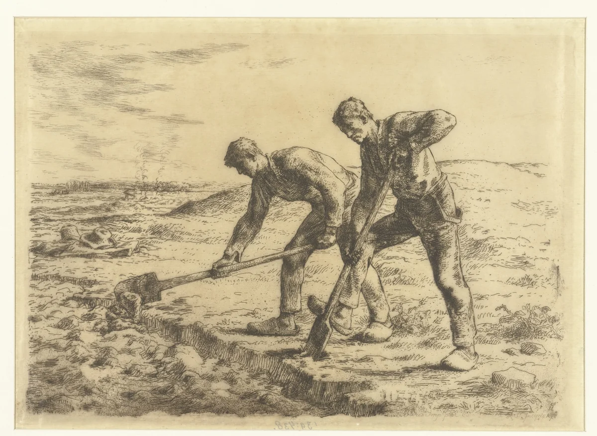 Twee boeren spitten de grond van een akker om by Jean-François Millet, print, 1856