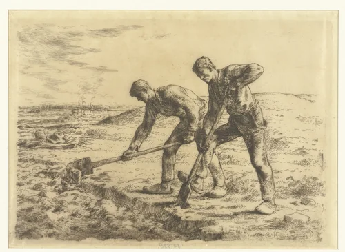 Twee boeren spitten de grond van een akker om by Jean-François Millet, print, 1856