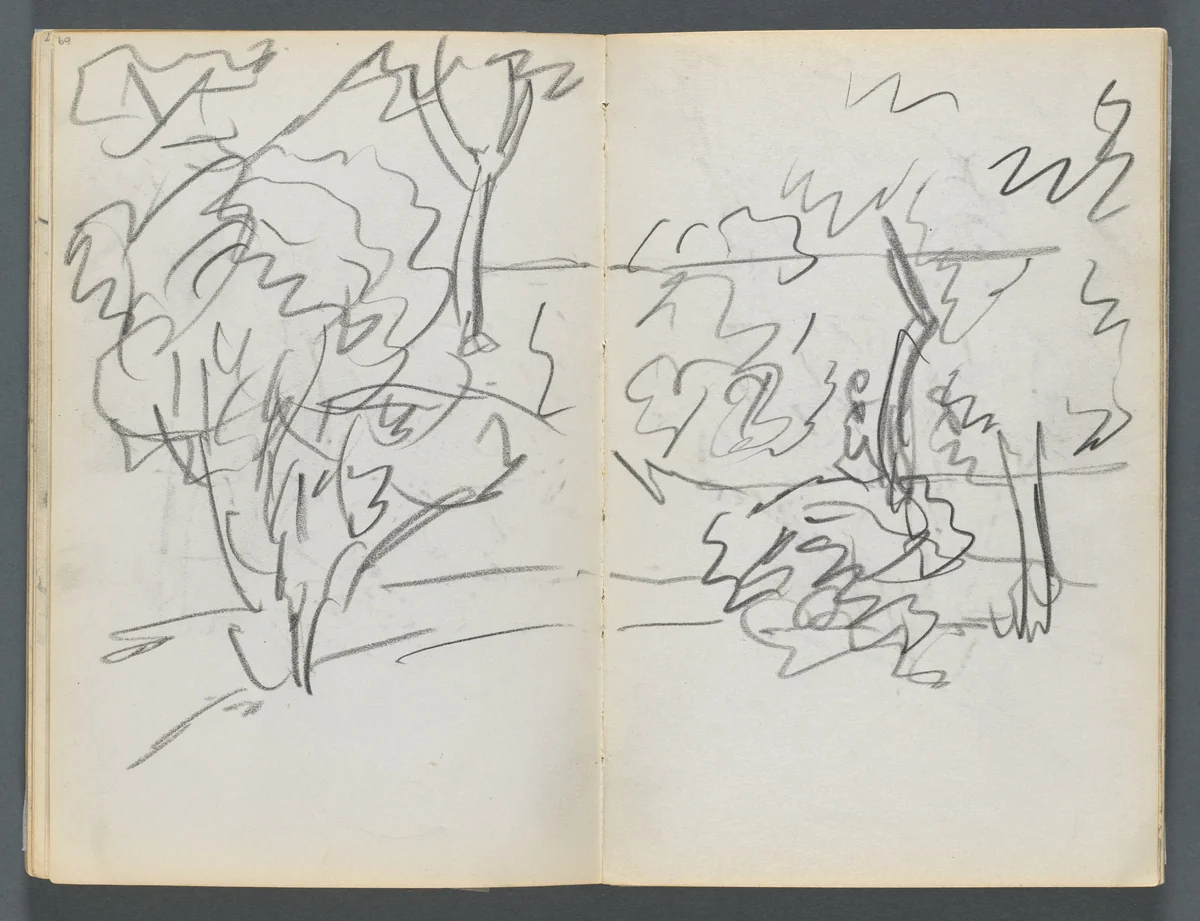 Sketchbook, The Dells, N° 127, page 068 & 69: Landscape by Maurice Prendergast, book, 1919-1921