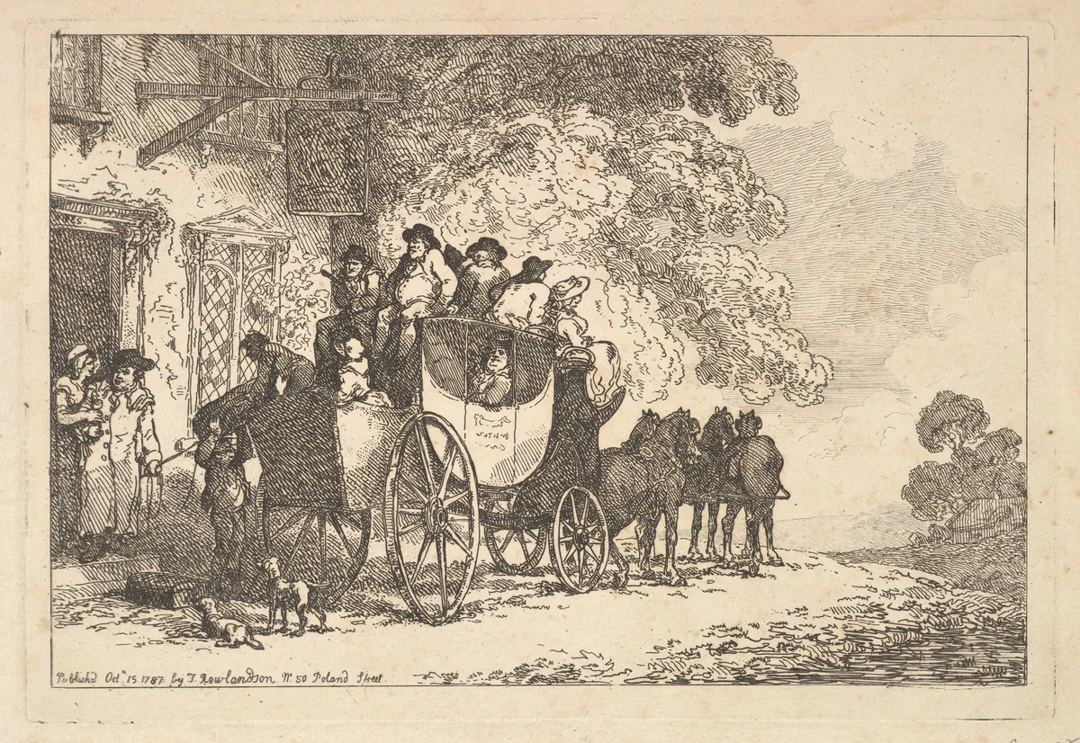 A Laden Stage Coach Outside a Post House by Thomas Rowlandson, print, 1787