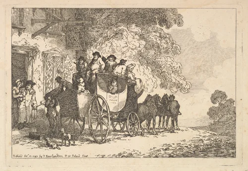 A Laden Stage Coach Outside a Post House by Thomas Rowlandson, print, 1787