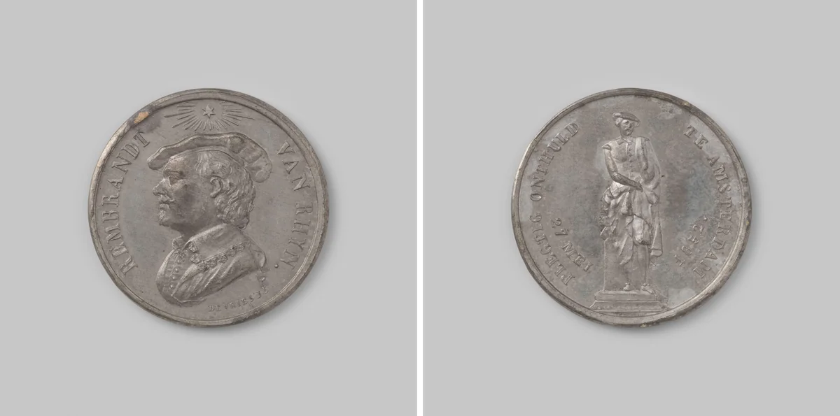 Onthulling van een standbeeld voor Rembrandt van Rijn te Amsterdam, in aanwezigheid van Willem III, koning der Nederlanden by Moses Cohen de Vries junior, metalwork, 1852