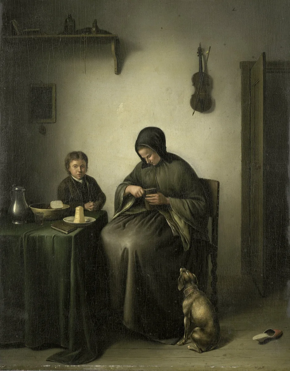 A Woman Slicing Bread by Johannes Christiaan Janson, painting, 1800-1823