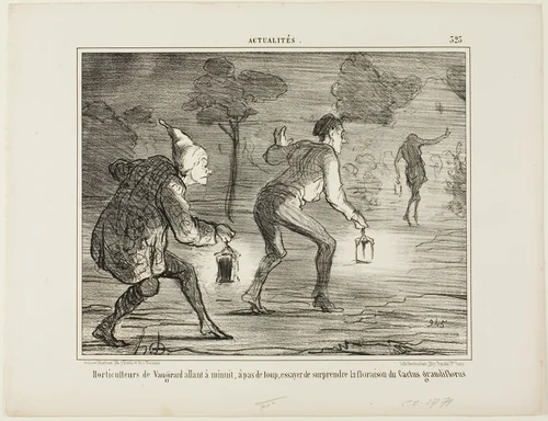 Horticulturists of Nanterre tiptoeing at midnight towards the cactus grandiflorus in order to surprise it in its blossoming, plate 323 from Actualités by Honoré-Victorin Daumier, print, 1856