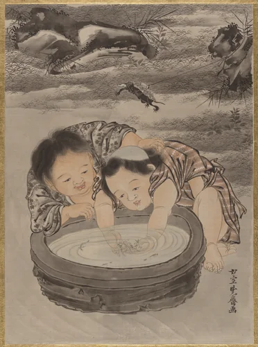 Two Children Playing with Goldfish by Kawanabe Kyōsai (河鍋暁斎), painting, 1877-1897