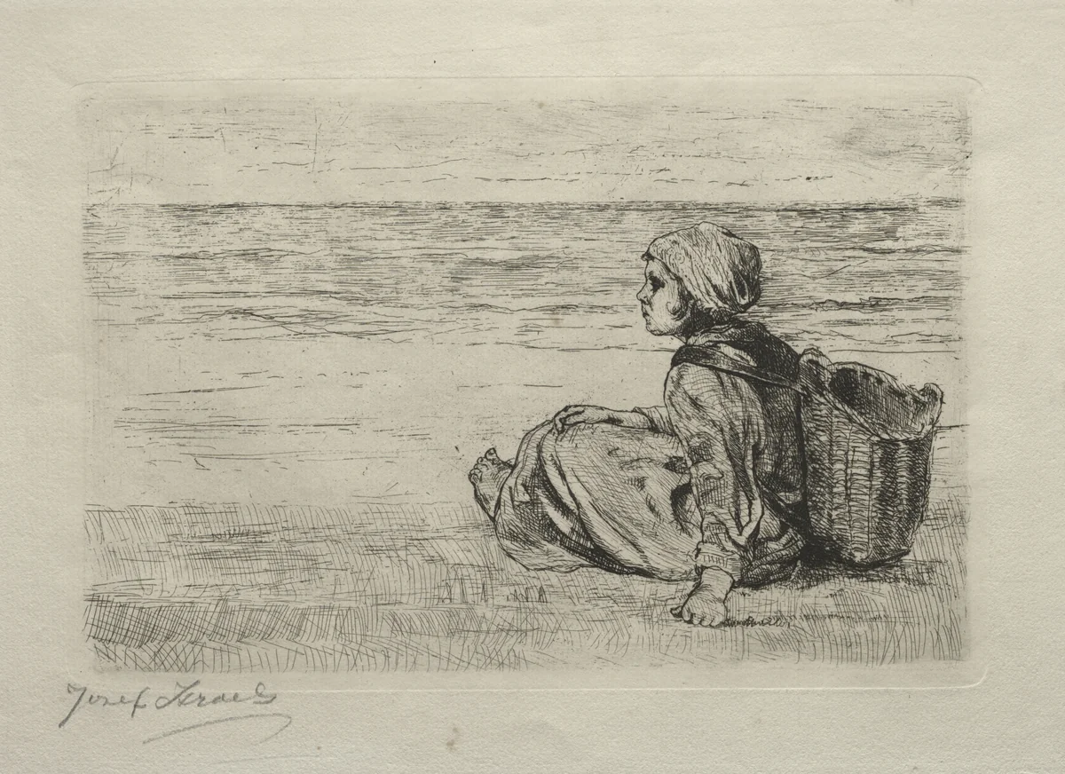 Girl with basket seated on the shore by Jozef Israëls, print, 1879