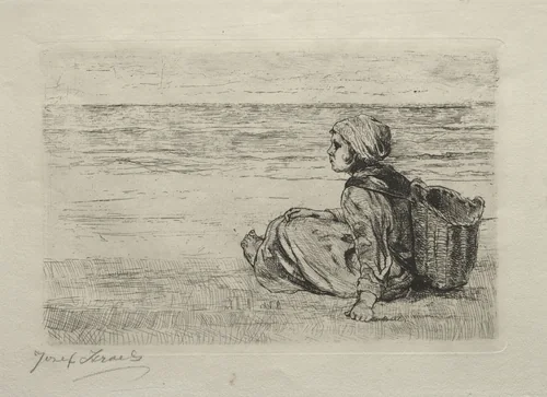 Girl with basket seated on the shore by Jozef Israëls, print, 1879
