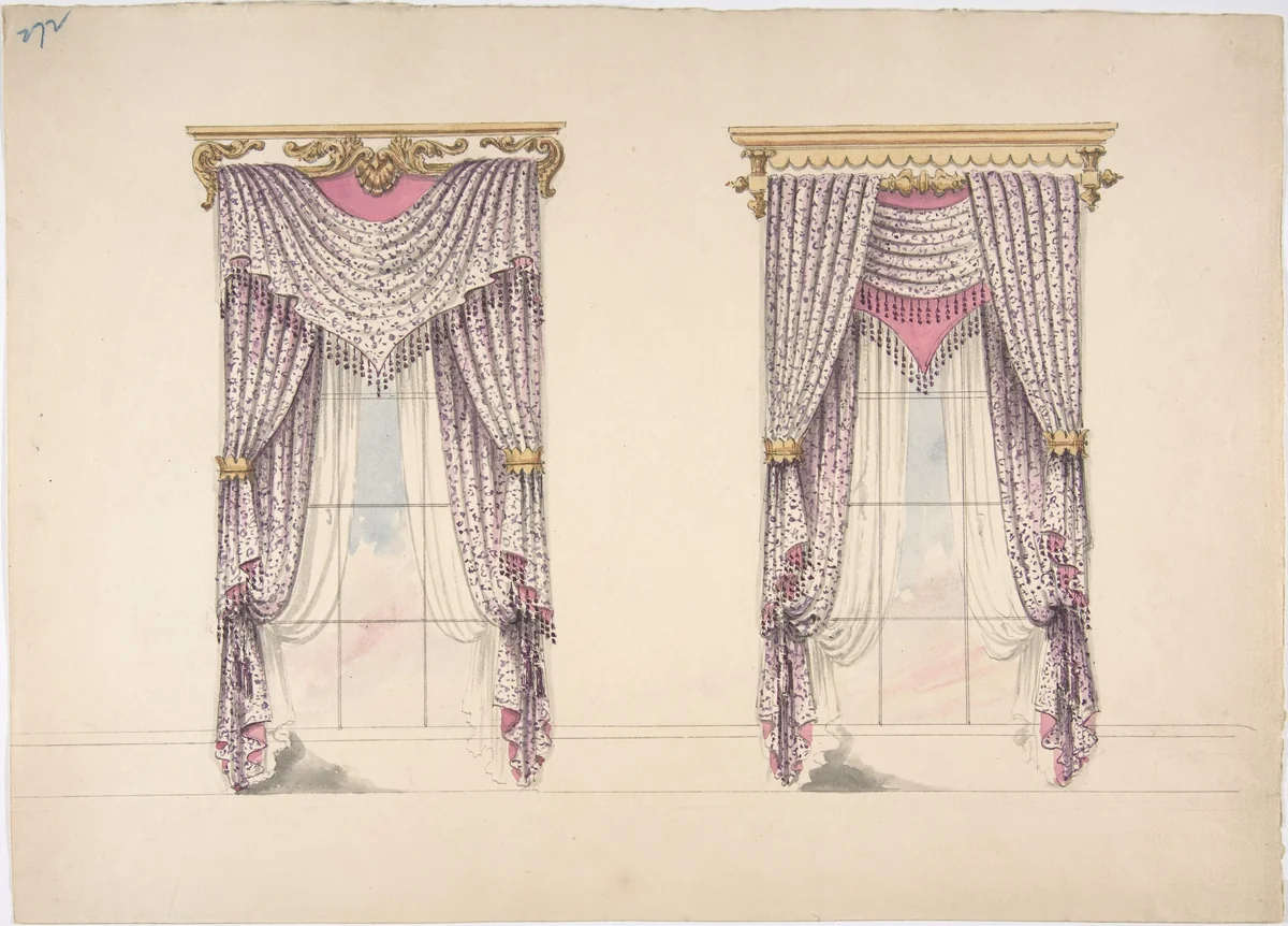 Design for Curtains with Purple, White and Mink Fabric, Purple Fringes and Gold and White Pediments by anonymous, drawing, 1800-1850
