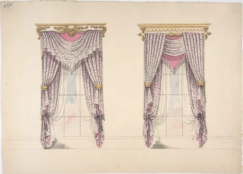 Design for Curtains with Purple, White and Mink Fabric, Purple Fringes and Gold and White Pediments by anonymous, drawing, 1800-1850