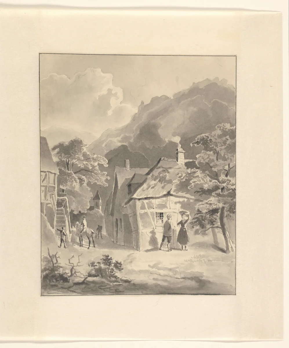 Figuren in een dorp in een berglandschap by Johannes van Reijn, drawing, 1800-1900
