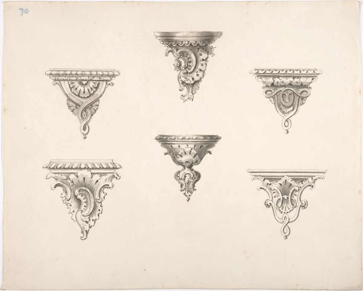 Design for Six Brackets with Rocaille Ornament and Strapwork by anonymous, drawing, 1800-1850