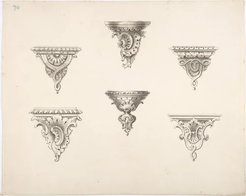 Design for Six Brackets with Rocaille Ornament and Strapwork by anonymous, drawing, 1800-1850