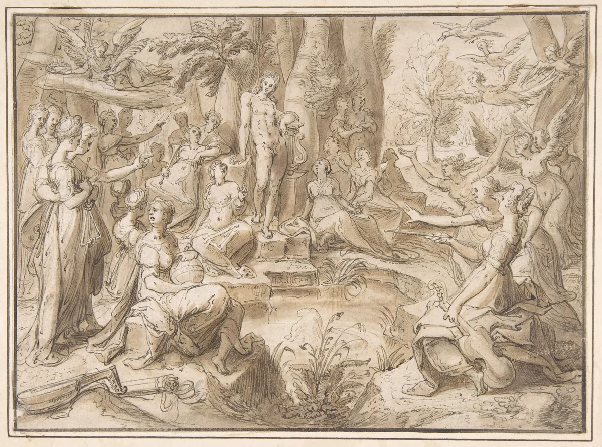 The Challenge of the Pierides, from Ovid's Metamorphosis (Book V: 294-678) by Karel van Mander, drawing, 1548-1606
