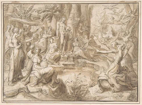 The Challenge of the Pierides, from Ovid's Metamorphosis (Book V: 294-678) by Karel van Mander, drawing, 1548-1606