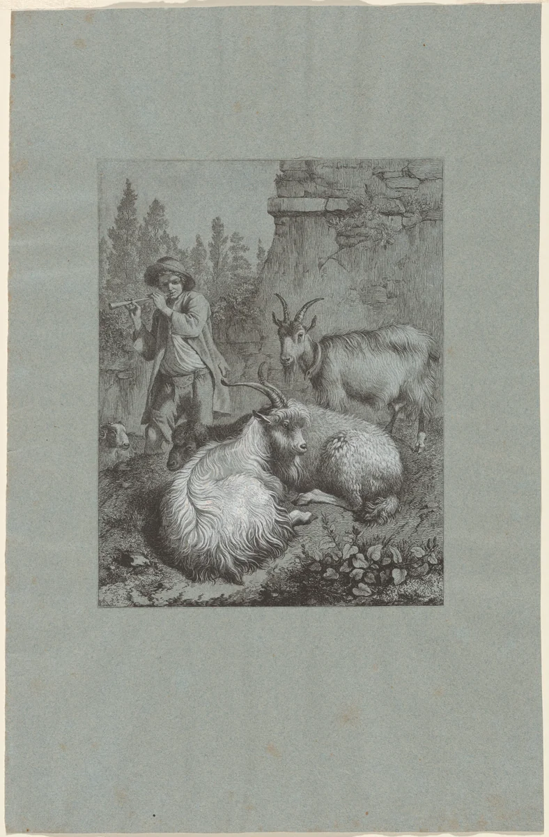 Shepherd Playing a Flute with Goats by Francesco Londonio, print, 1764