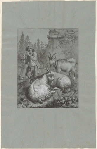 Shepherd Playing a Flute with Goats by Francesco Londonio, print, 1764