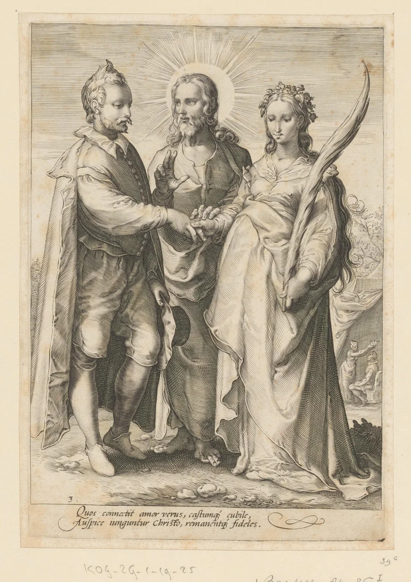 Huwelijk uit geestelijke liefde door Christus gesloten by Jan Saenredam, print, 1575-1607