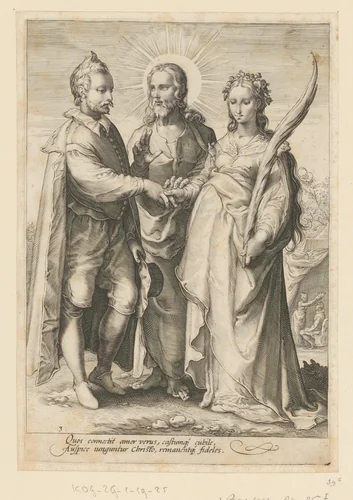 Huwelijk uit geestelijke liefde door Christus gesloten by Jan Saenredam, print, 1575-1607