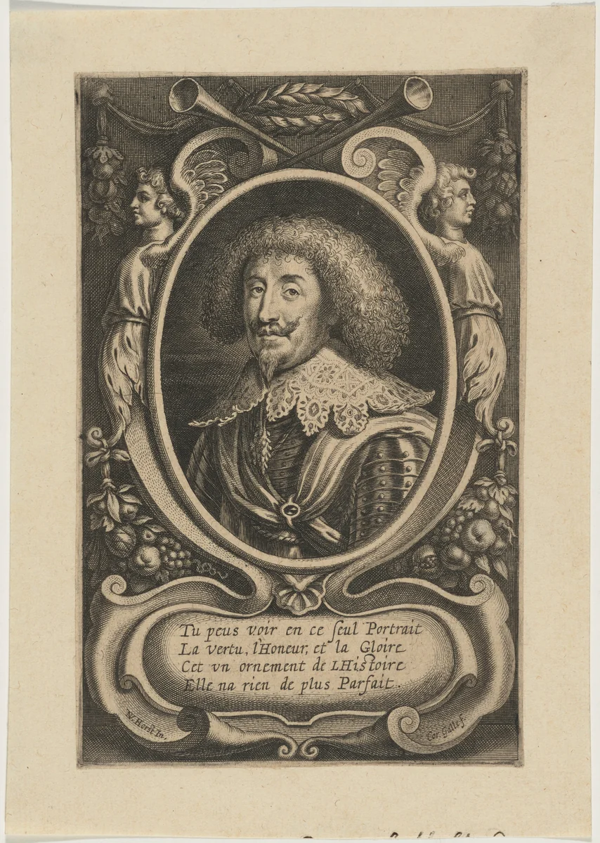 Portrait of Man in Oval with Decoration of Winged Figures by Cornelis Galle Nikolaus van der Horst, print, 1576-1650