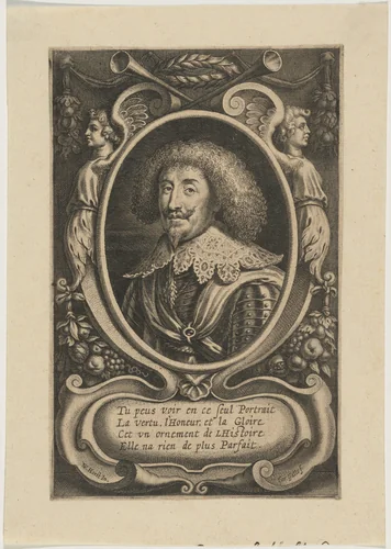 Portrait of Man in Oval with Decoration of Winged Figures by Cornelis Galle Nikolaus van der Horst, print, 1576-1650