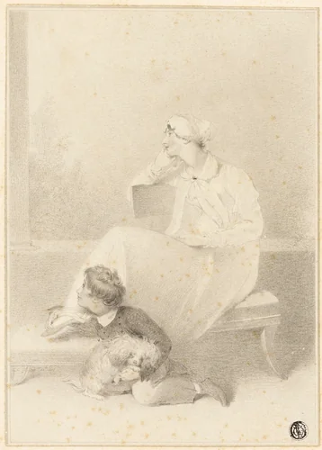 Woman, Child and Dog Looking Far Away by Maria Louisa Catherine Cecilia Cosway, drawing, 1779-1838