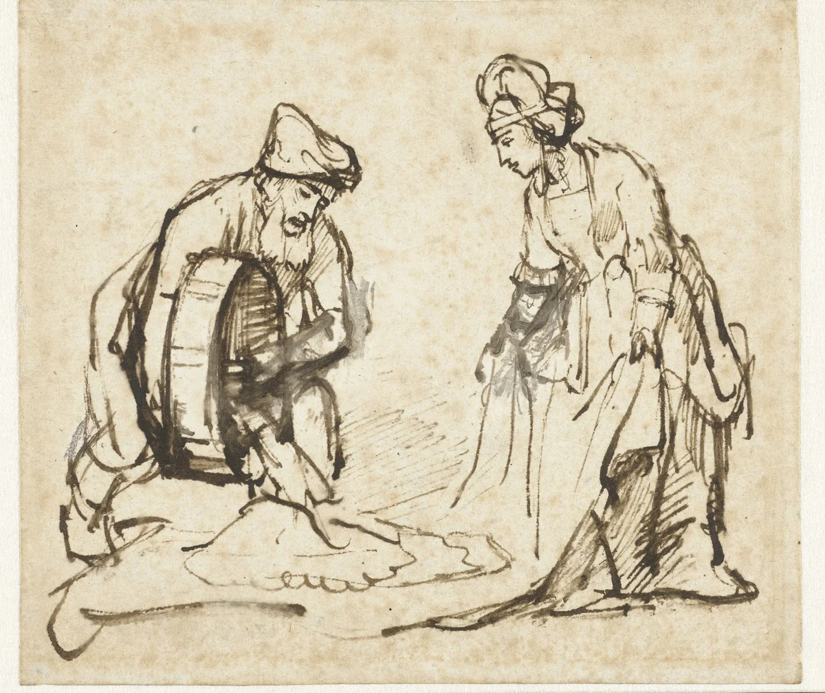 Boaz and Ruth by Rembrandt van Rijn, drawing, 1645