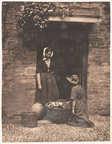 [Two Women, One Kneeling and One Standing, Looking into Basket Filled with Vegetables] by John Dillwyn Llewelyn, photograph, 1853-1856