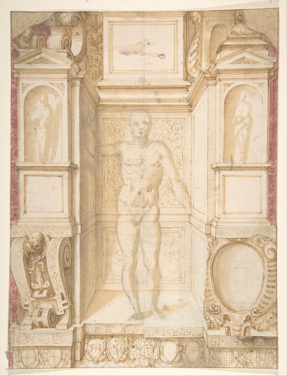 Study of a Figure in a Niche (Saint Ambrose; recto); Architectural Studies: Four Alternative Designs for Fictive Niches and an Unrelated Design with Garlands (verso), ca. 1560-67 by Giuseppe Arcimboldo, drawing, 1564-1565