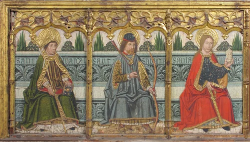 Predella panel with Saint Martial, Saint Sebastian, and Saint Mary Magdalen from Retable by Domingo Ram, painting, 1400-1499