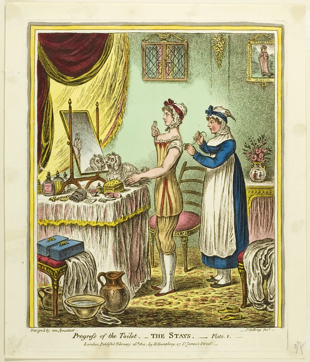 The Stays, plate one from Progress of the Toilet by James Gillray, print, 1810