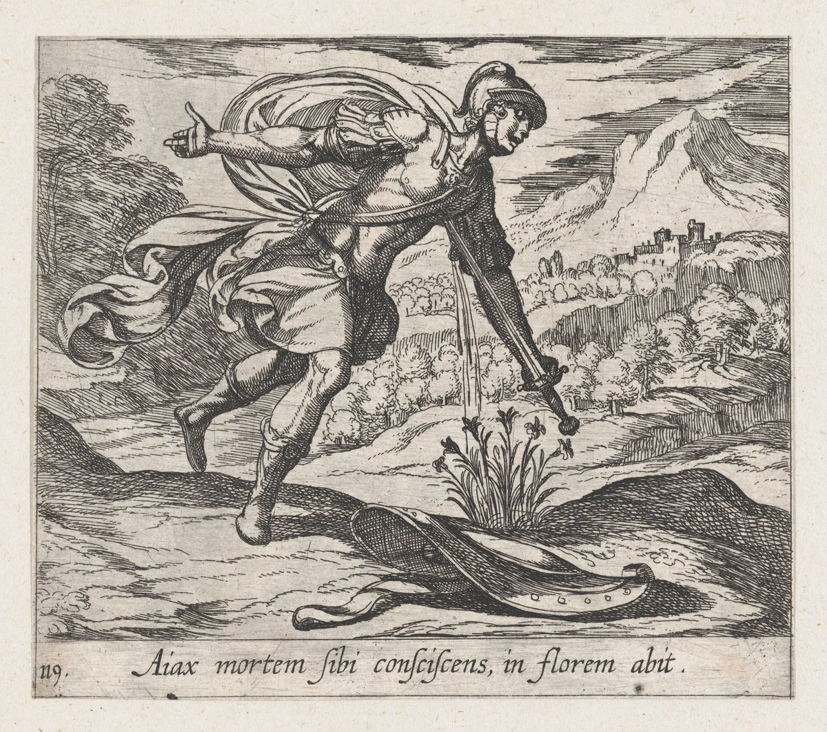 Plate119: The Death of Ajax (Aiax moretm Sibi consciscens, in florem abit), from Ovid's 'Metamorphoses' by Antonio Tempesta, print, 1606