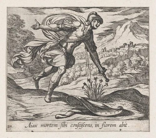 Plate119: The Death of Ajax (Aiax moretm Sibi consciscens, in florem abit), from Ovid's 'Metamorphoses' by Antonio Tempesta, print, 1606